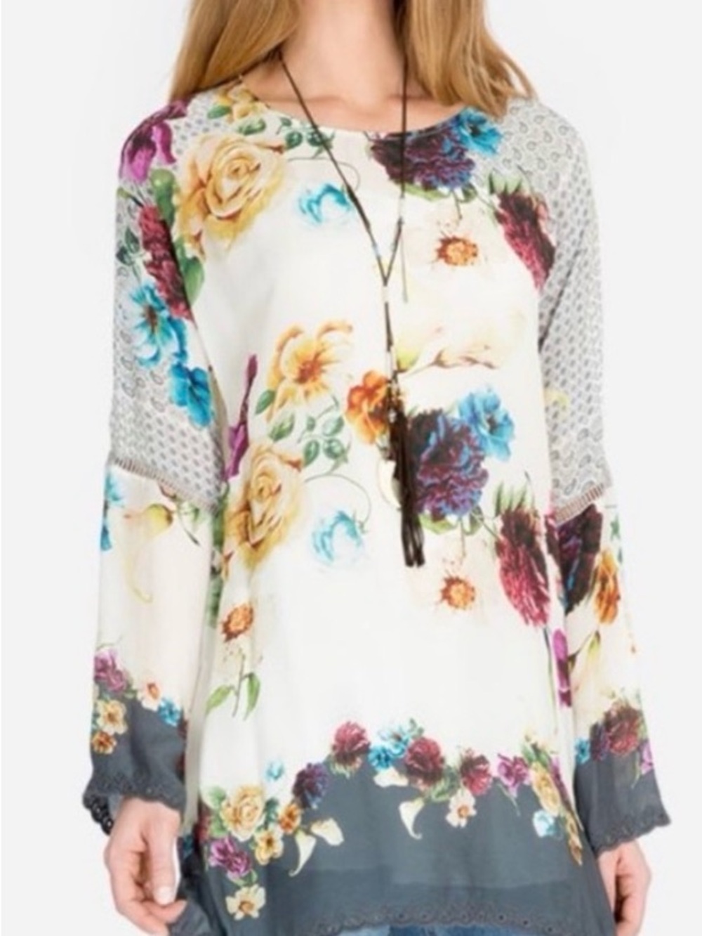 NWOT Johnny Was Linden Cream Long-Sleeve Tunic with Multicolor Blooms